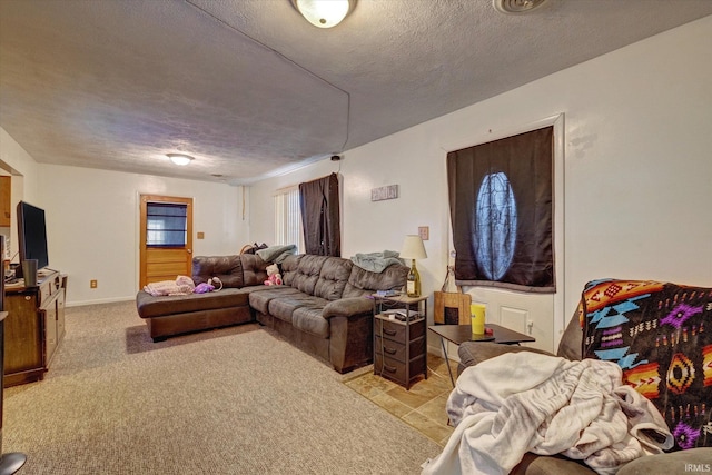 carpeted living room with a textured ceiling