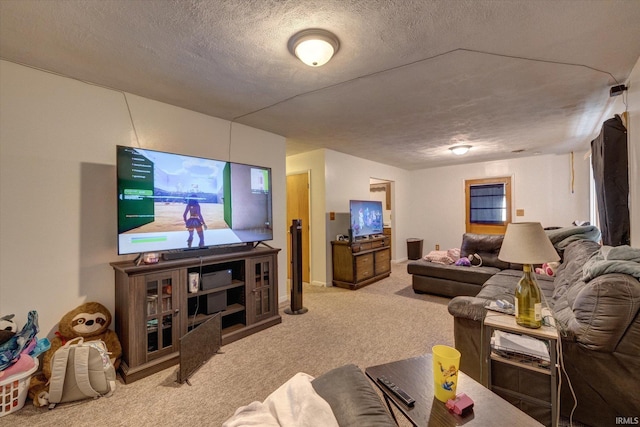 living room with light colored carpet and a textured ceiling