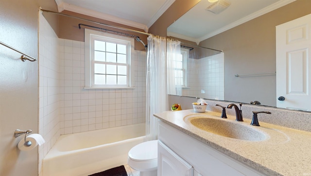 full bathroom featuring crown molding, vanity, shower / bathtub combination with curtain, and toilet