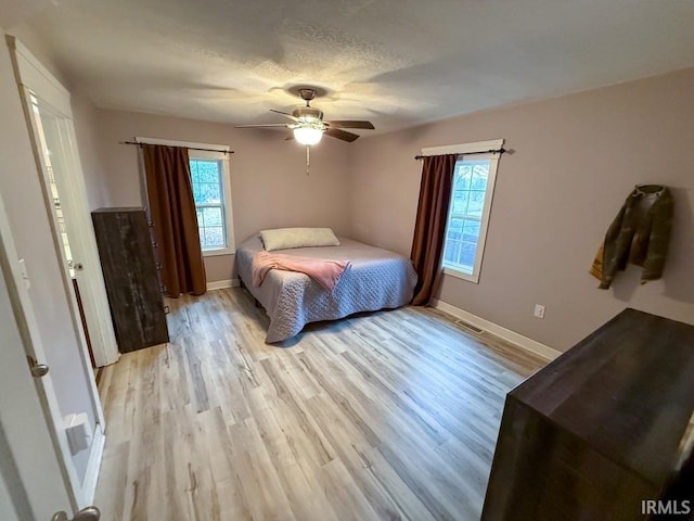 bedroom featuring ceiling fan, a textured ceiling, and light wood-type flooring