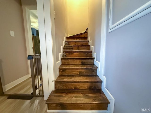 stairs with hardwood / wood-style flooring