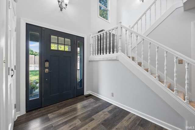 entryway featuring dark hardwood / wood-style flooring and a high ceiling