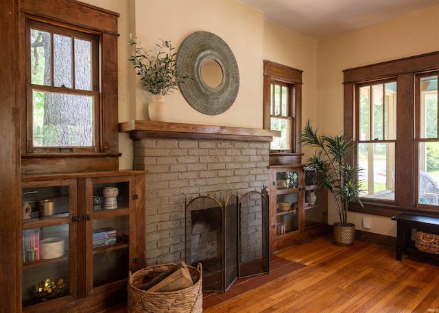 living area featuring a fireplace and hardwood / wood-style floors