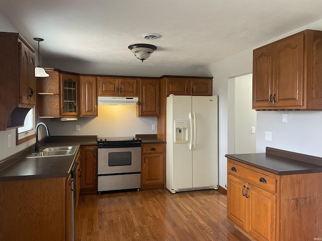 kitchen with sink, decorative light fixtures, hardwood / wood-style flooring, and appliances with stainless steel finishes