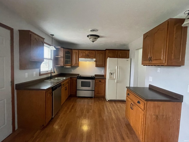 kitchen featuring hardwood / wood-style floors, appliances with stainless steel finishes, sink, and hanging light fixtures