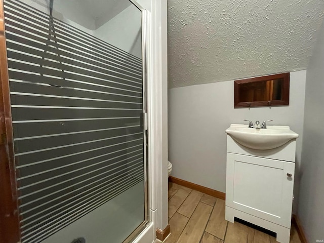 bathroom featuring lofted ceiling, vanity, a shower with shower door, and a textured ceiling