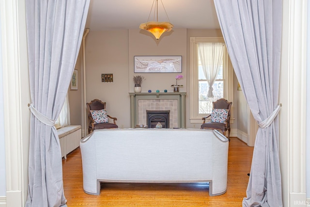 sitting room featuring radiator and light hardwood / wood-style flooring