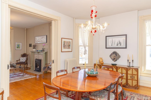 dining room with radiator, hardwood / wood-style floors, and a chandelier