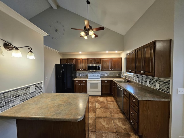 kitchen with appliances with stainless steel finishes, sink, backsplash, ceiling fan, and dark brown cabinets