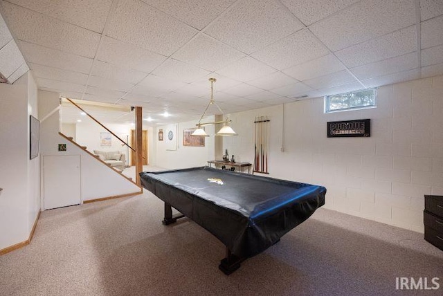 rec room with pool table and a paneled ceiling