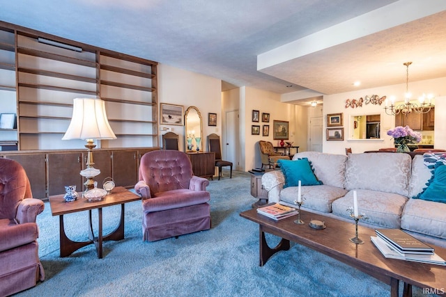 carpeted living room with a notable chandelier