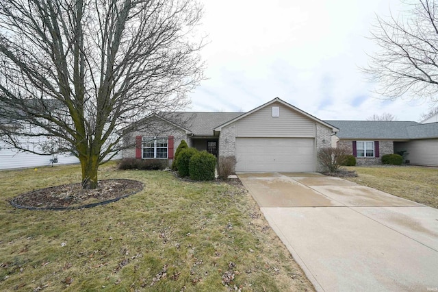 single story home with a garage and a front lawn