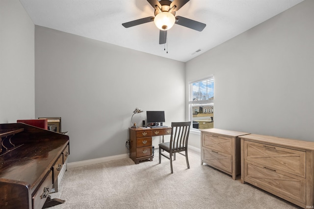 office area featuring light colored carpet and ceiling fan