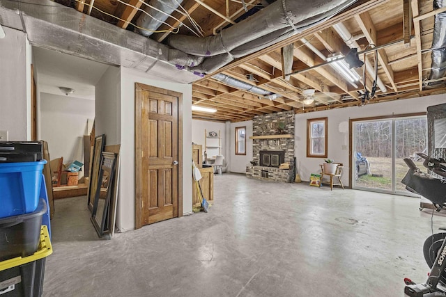 basement with a fireplace