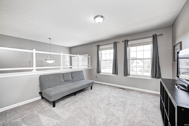 sitting room with carpet floors and a textured ceiling