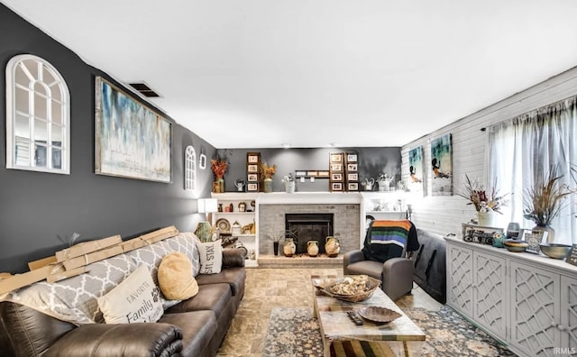 living room with a fireplace