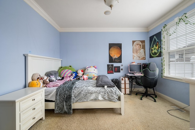 carpeted bedroom featuring crown molding