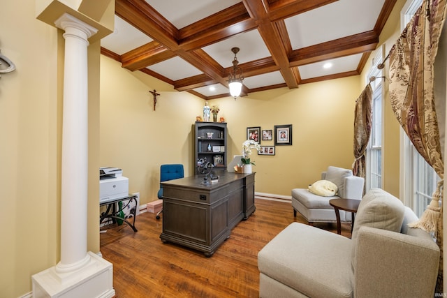 office area featuring coffered ceiling, decorative columns, and dark hardwood / wood-style floors