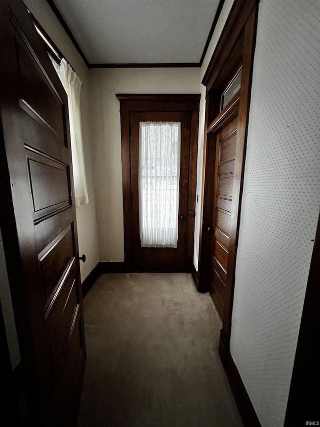 entryway featuring ornamental molding and carpet flooring