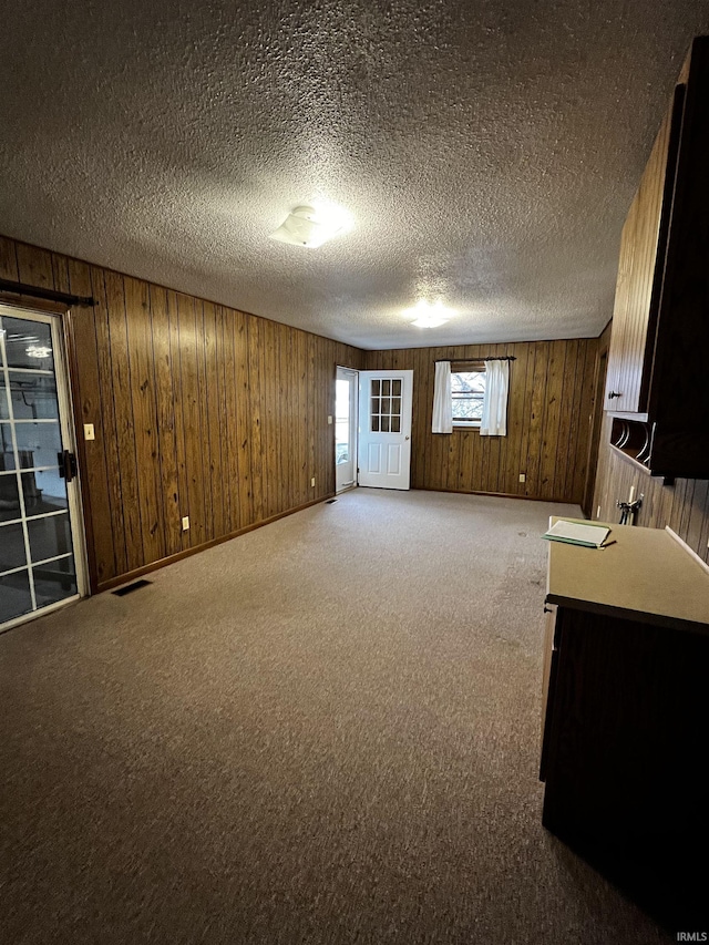 interior space with carpet, a textured ceiling, and wood walls