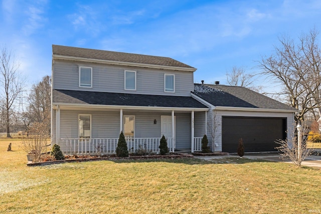 front of property featuring a garage, a porch, and a front yard