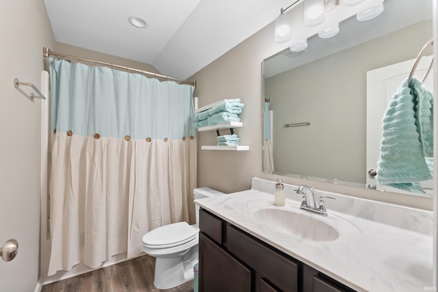 bathroom with vanity, wood-type flooring, and toilet