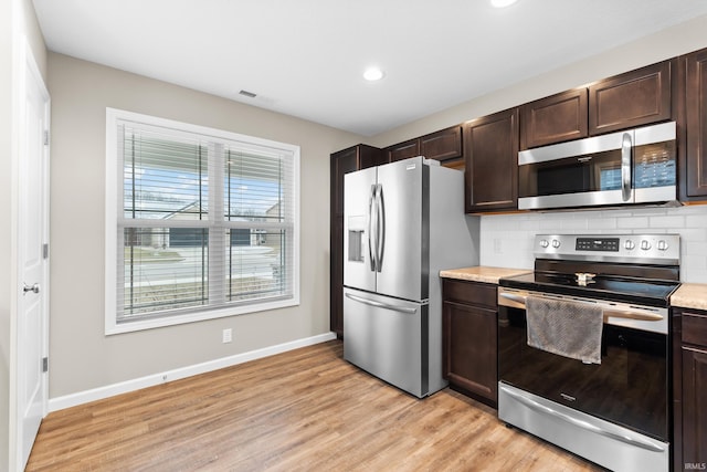 kitchen with dark brown cabinetry, backsplash, stainless steel appliances, and light hardwood / wood-style floors