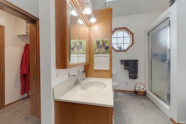 bathroom featuring vanity, toilet, and an enclosed shower