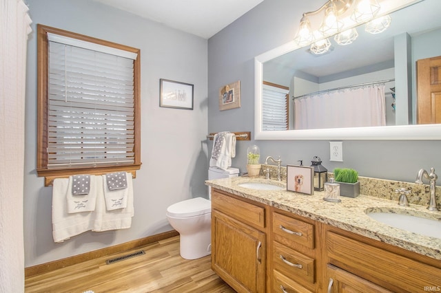 bathroom with vanity, wood-type flooring, and toilet