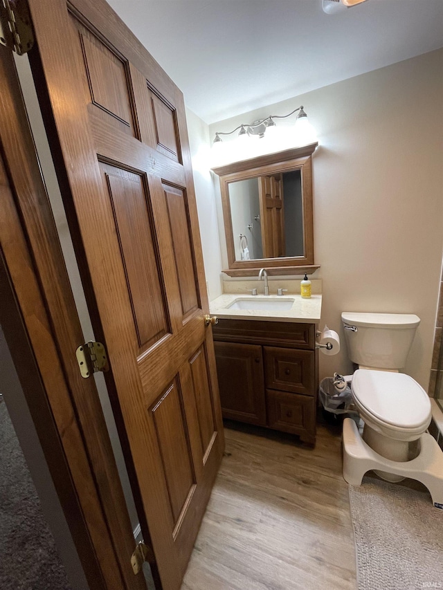 bathroom with vanity, wood-type flooring, and toilet