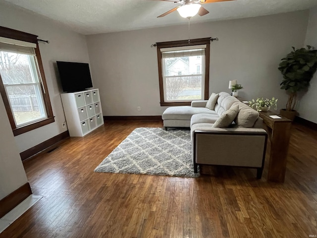 living room featuring hardwood / wood-style floors, a textured ceiling, and ceiling fan