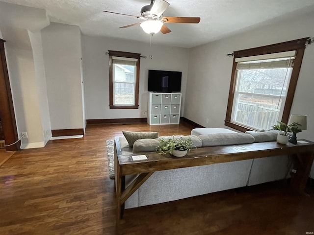 living room with hardwood / wood-style flooring, a wealth of natural light, and ceiling fan