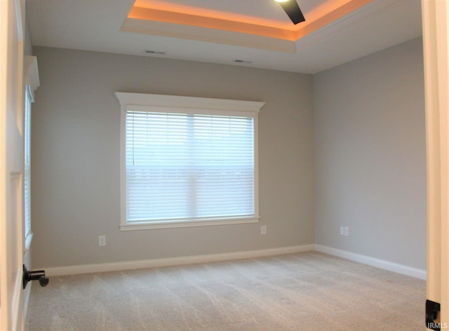 carpeted empty room featuring a raised ceiling