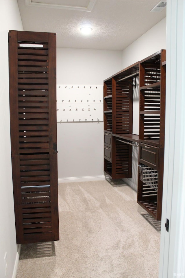 walk in closet with light colored carpet