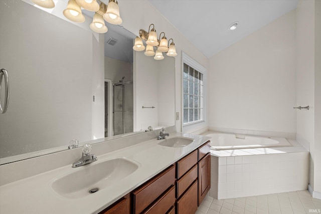 bathroom featuring separate shower and tub, vanity, vaulted ceiling, tile patterned floors, and a chandelier