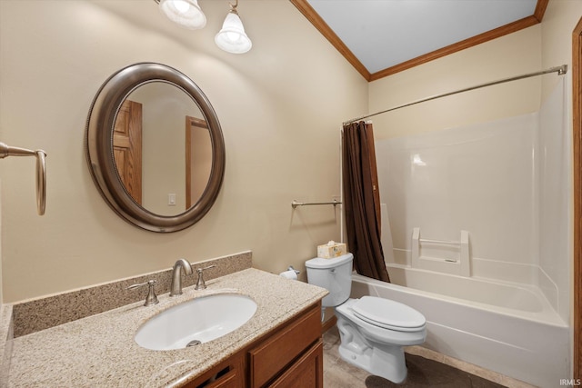 full bathroom with tile patterned flooring, vanity, toilet, crown molding, and shower / bath combo with shower curtain