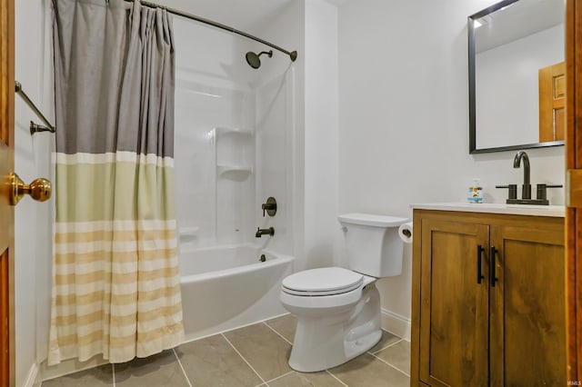 full bathroom with shower / tub combo with curtain, vanity, toilet, and tile patterned flooring