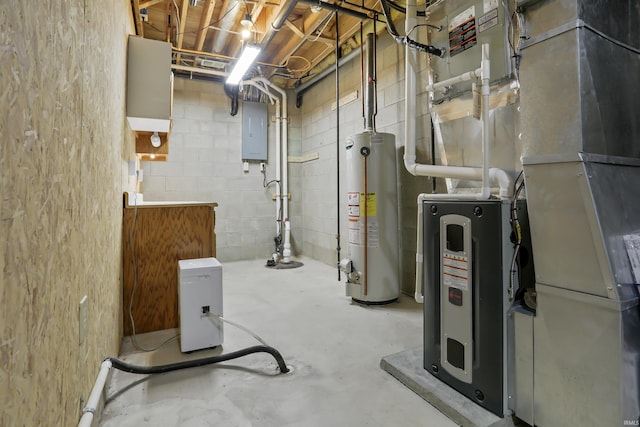 basement featuring water heater, heating unit, and electric panel