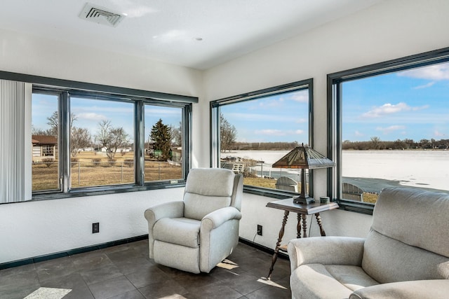 sitting room with a water view