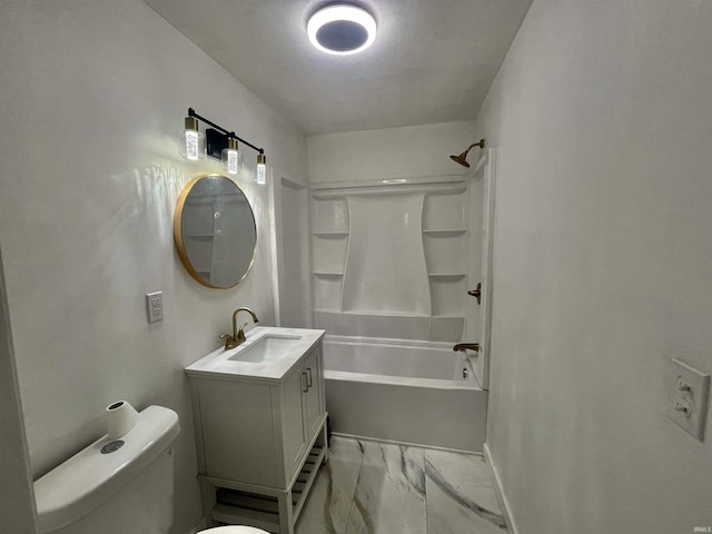 full bathroom with marble finish floor, shower / bath combination, toilet, vanity, and baseboards