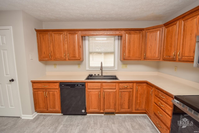 kitchen featuring black dishwasher, sink, a textured ceiling, and light hardwood / wood-style flooring