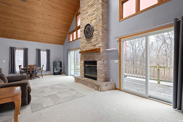 living room with carpet, high vaulted ceiling, wooden ceiling, and a fireplace