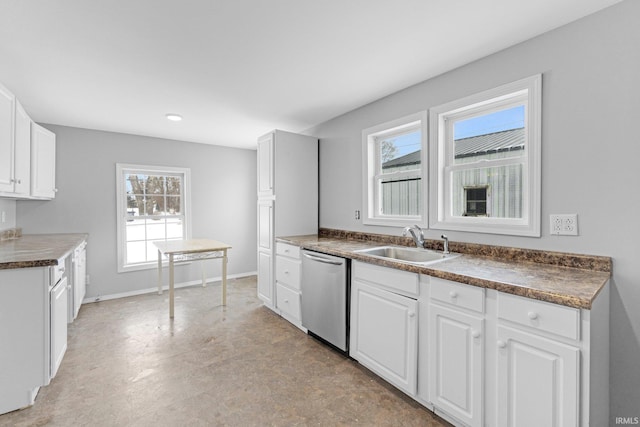 kitchen featuring dishwasher, sink, and white cabinets