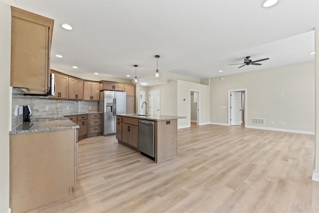 kitchen with appliances with stainless steel finishes, pendant lighting, tasteful backsplash, sink, and a center island with sink