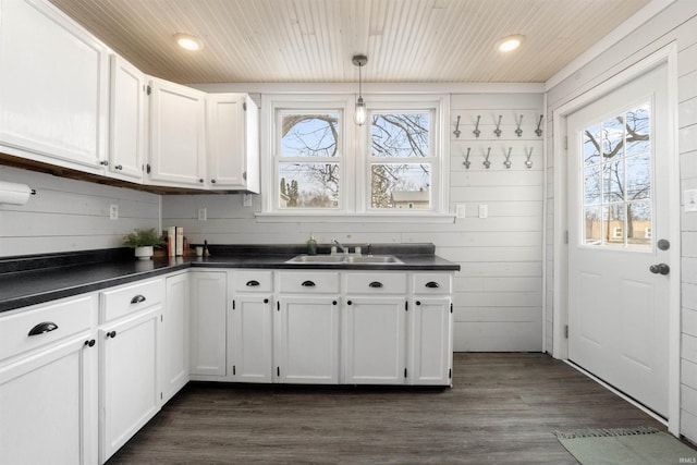 kitchen with pendant lighting, sink, wood ceiling, white cabinetry, and dark hardwood / wood-style floors