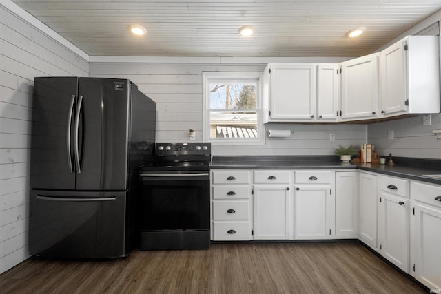 kitchen featuring range with electric stovetop, white cabinets, dark hardwood / wood-style flooring, fridge, and wooden ceiling