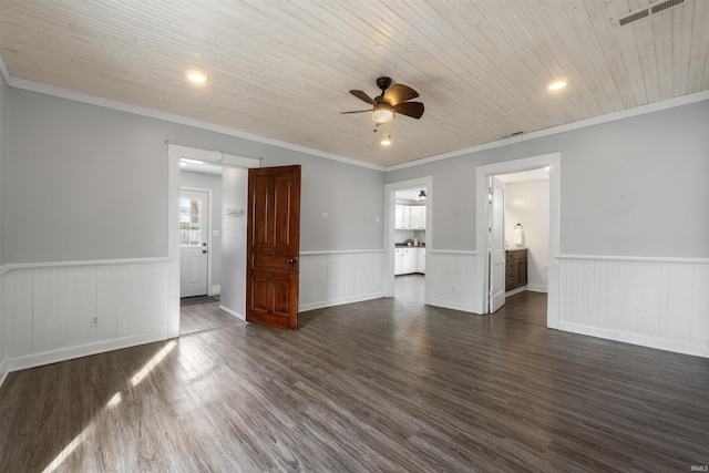 unfurnished room featuring crown molding, wooden ceiling, and dark hardwood / wood-style floors