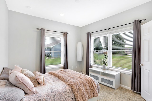 bedroom featuring multiple windows and light colored carpet