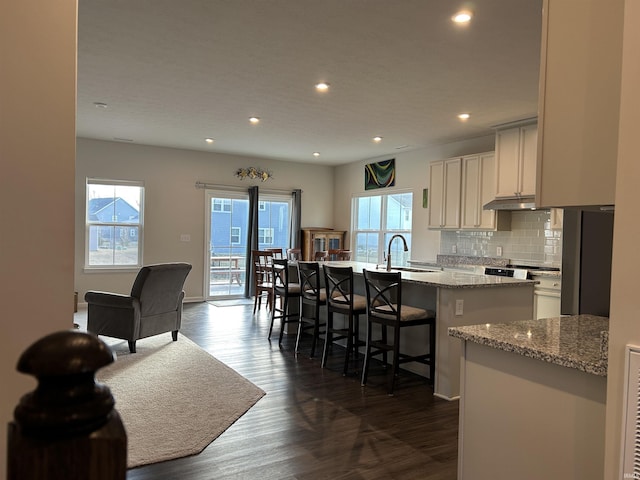 kitchen with tasteful backsplash, an island with sink, a kitchen breakfast bar, light stone counters, and dark wood-type flooring