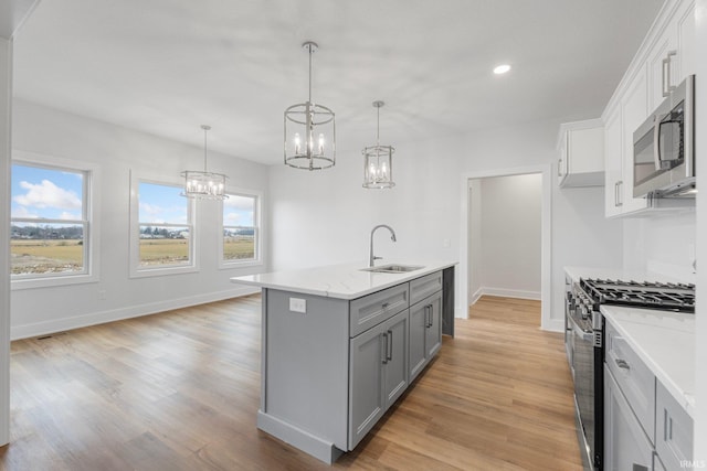 kitchen featuring sink, hanging light fixtures, appliances with stainless steel finishes, a kitchen island with sink, and white cabinets